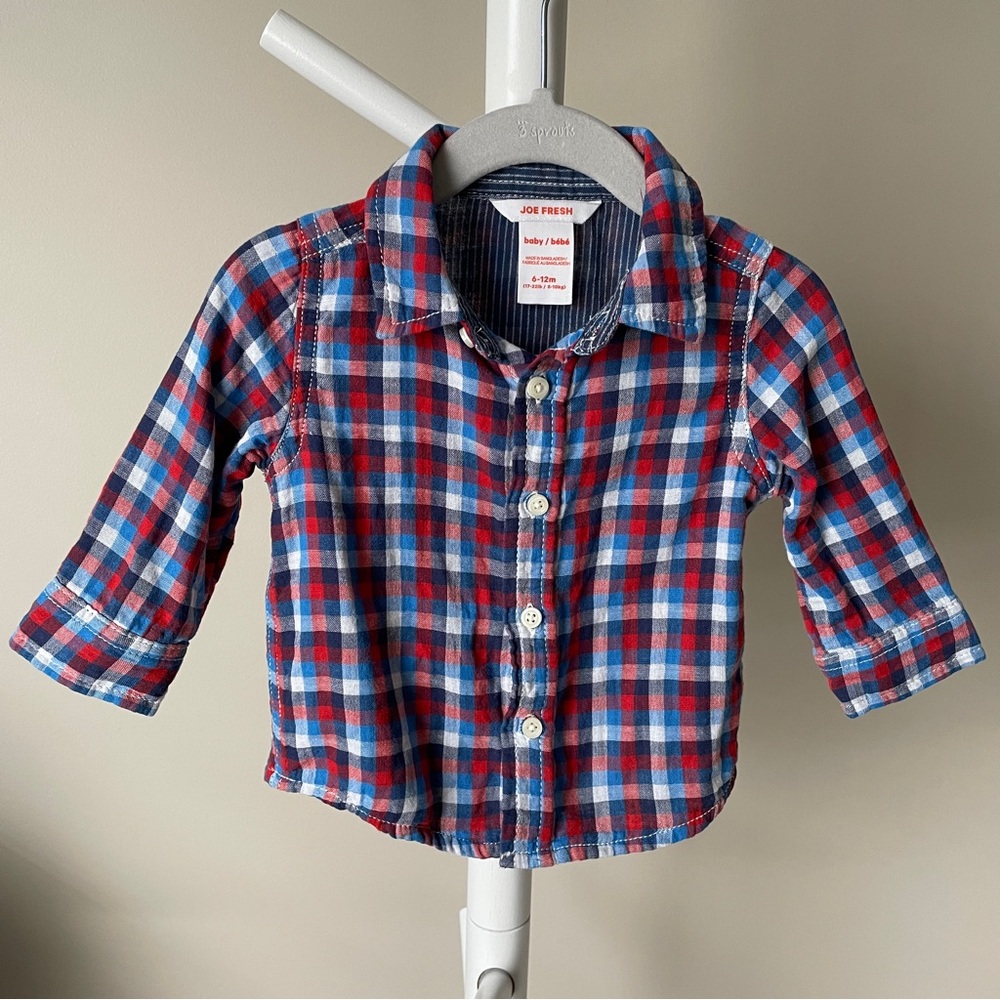 Joe Fresh Long Sleeve Button Up Plaid Shirt 6-12 Months
